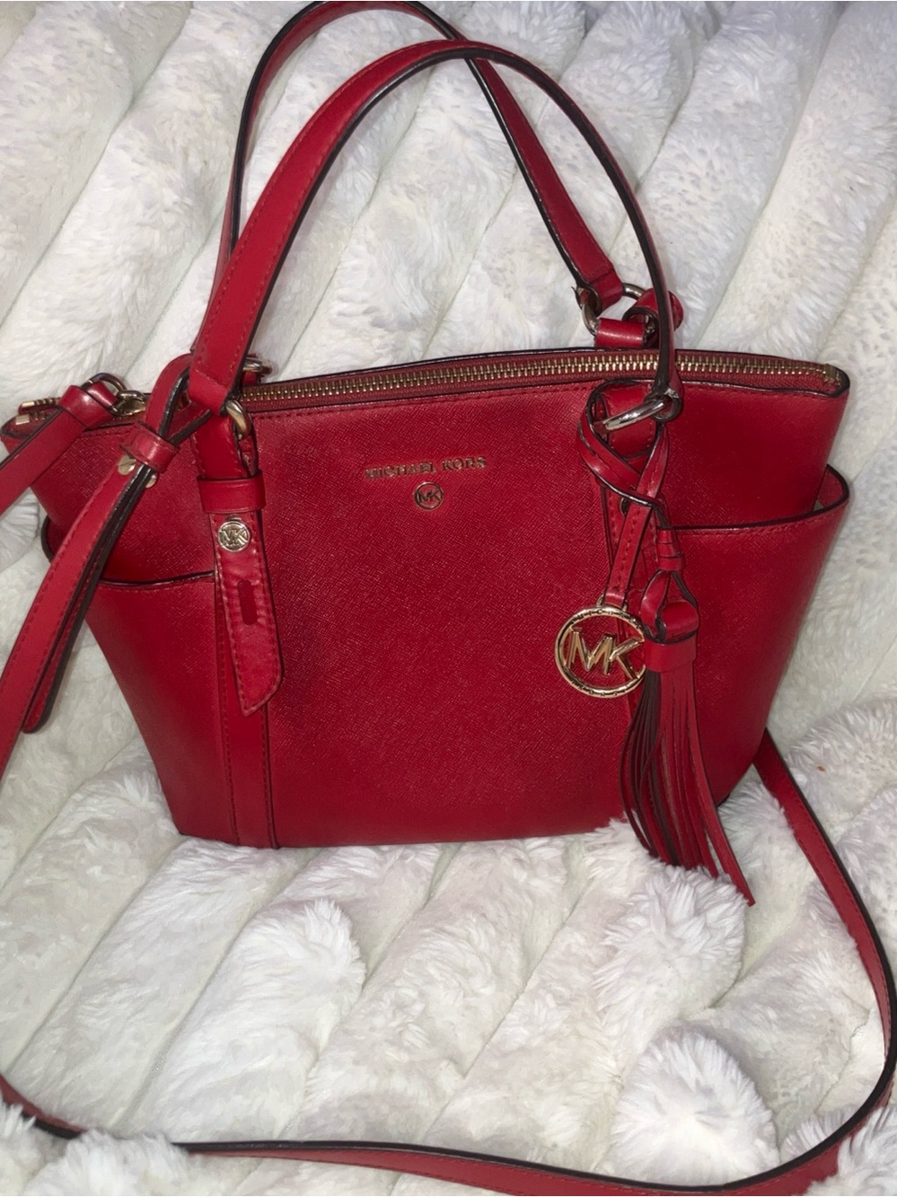 Michael Kors Red Saffiano Satchel with Tassel and MK Charm SMALL